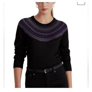 Lauren Ralph Lauren Fair Isle Sweater Cotton Blend Black Womens M Black Label